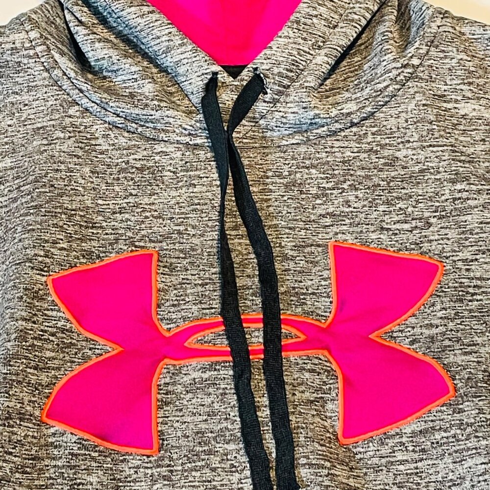 Under Armour Girls Hoodie M Medium Loose Fit Pink Logo Heathered Gray - Picture 2 of 8